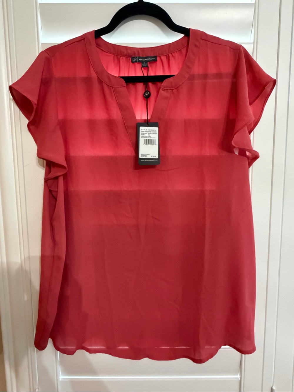 Adrianna Papell Coral Red Sheer Flutter Sleeve Blouse